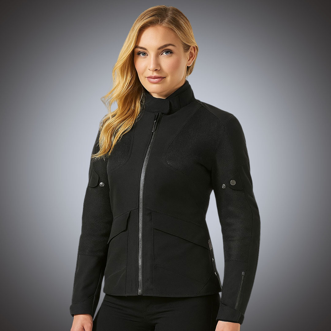 A beautiful girl in black motorcycle jacket