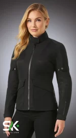 Front view of a blonde female model wearing our women's black technical softshell jacket with textured shoulder panels and snap arm adjusters.