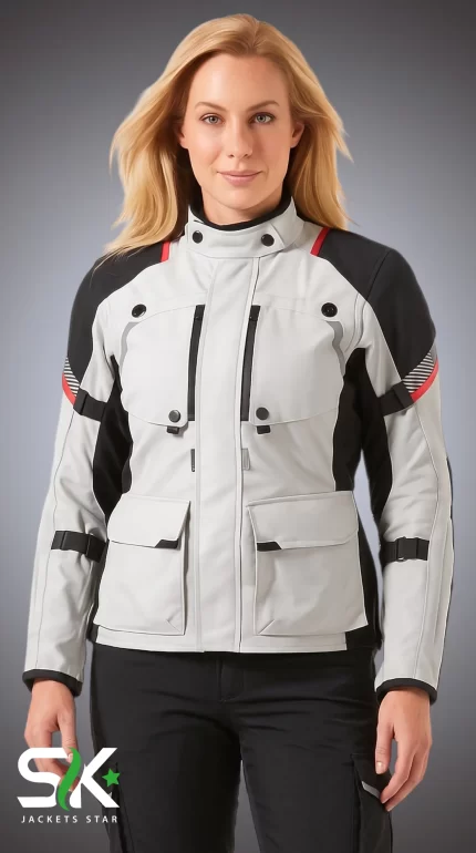 Front view of a blonde female model wearing our custom light grey and black textile adventure touring motorcycle jacket with ventilation zips, utility pockets, and red trim details.