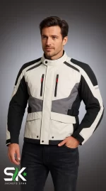 Front view of a male model wearing our light grey, black, and dark grey textile motorcycle touring jacket with red zipper accents.