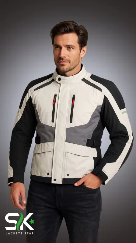 Front view of a male model wearing our light grey, black, and dark grey textile motorcycle touring jacket with red zipper accents.