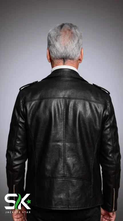 Studio rear view of our handcrafted men's black genuine leather biker jacket with shoulder epaulets and zippered sleeve cuffs.