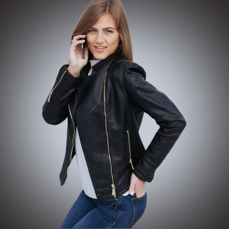 Women's slim-fit black leather biker jacket with quilted arms and metallic zippers.