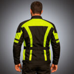 Rear view of a men's technical motorcycle adventure jacket in black and neon yellow, featuring a large high-visibility upper back panel, reinforced lower back support, and adjustable waist cinching.