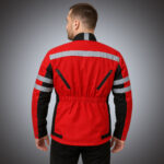Rear view of a women's black technical motorcycle jacket featuring a distinct blue "Y" shaped back panel and white sleeve accents for professional OEM production.