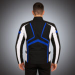 Rear view of a men’s black technical motorcycle racing jacket featuring royal blue geometric "Y" shaped paneling, white sleeve accents, and a streamlined back design for OEM production.