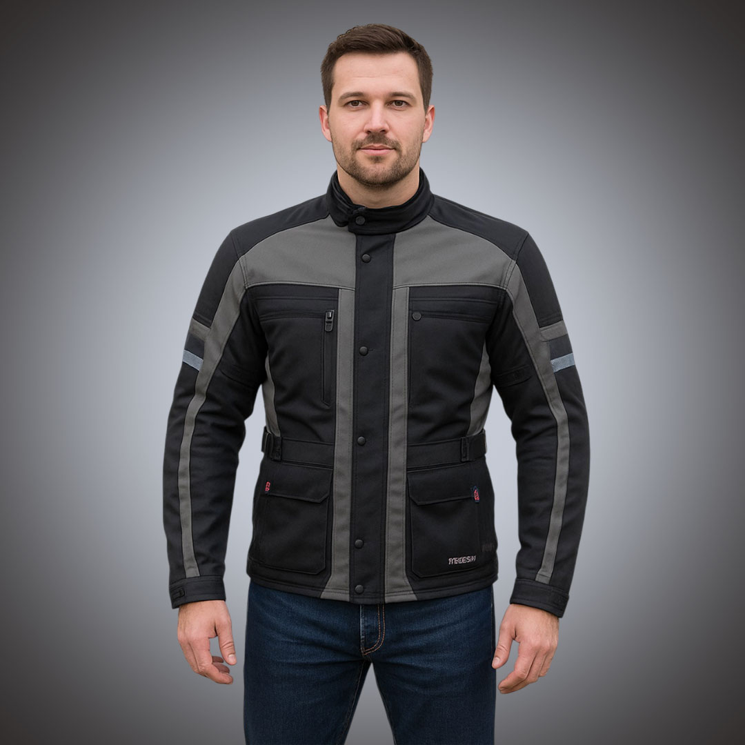 Men's Industrial-Grade Adventure Touring Jacket Front view of a men’s black and charcoal technical motorcycle touring jacket with a multi-pocket utility design, reinforced chest panels, and adjustable waist belts for OEM production.