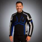 Front view of a men's black technical motorcycle jacket featuring royal blue geometric accents, light grey shoulder and arm panels, and a custom "MHY" chest logo for bulk OEM production.