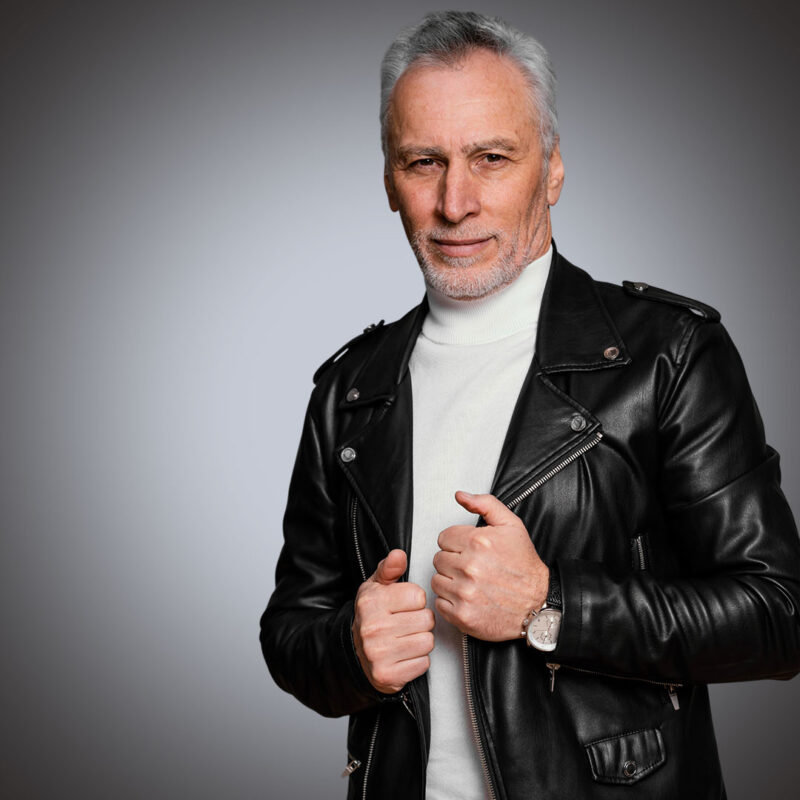 old men in black leather jacket front view