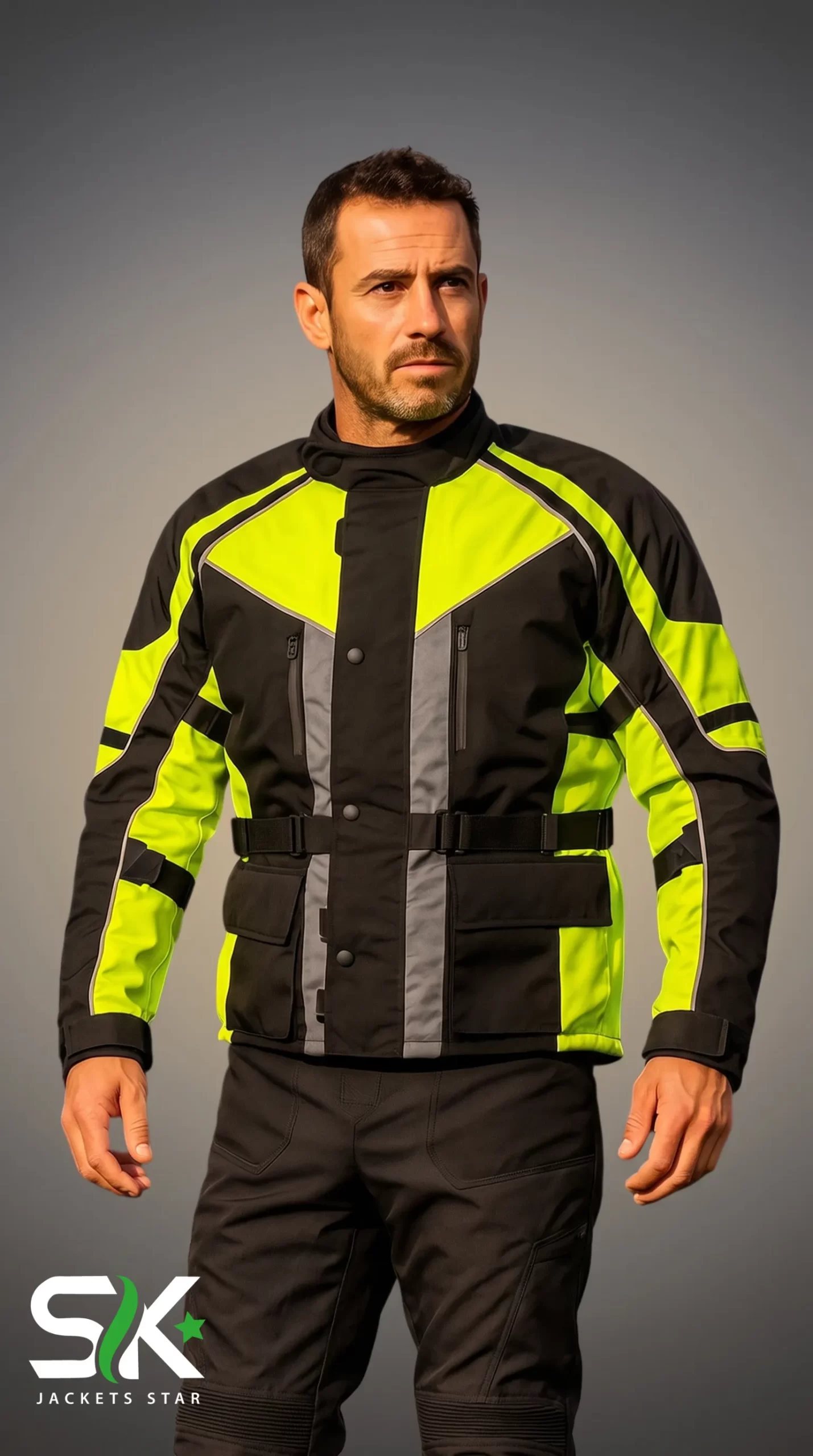 Men's Hi-Vis Yellow & Black Textile Motorcycle Touring Jacket Front View Front studio shot of male rider in high-visibility neon yellow, grey, and black textile motorcycle riding jacket with chest vents and waist belt adjusters.