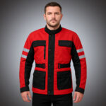 Front view of a men's red and black technical motorcycle touring jacket with four cargo pockets, adjustable waist belts, and silver reflective safety strips on the sleeves.