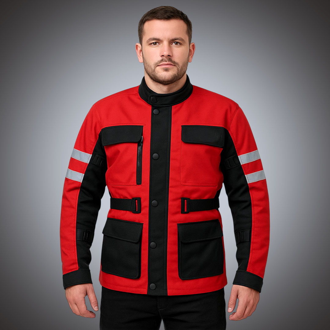 Heavy-Duty Men's Adventure Touring Jacket Production Front view of a men's red and black technical motorcycle touring jacket with four cargo pockets, adjustable waist belts, and silver reflective safety strips on the sleeves.
