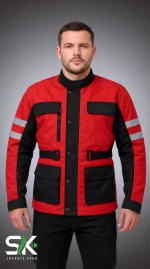 Front studio view of a male model wearing a red and black textile motorcycle riding jacket with four front cargo pockets, reflective sleeve bands, and center storm flap.