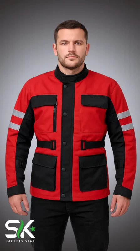 Front studio view of a male model wearing a red and black textile motorcycle riding jacket with four front cargo pockets, reflective sleeve bands, and center storm flap.