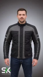 Men's Grey & Black Textile Touring Jacket Front View | Sialkot Jackets Star