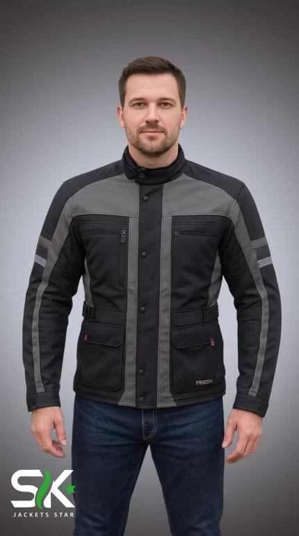 Men's Grey & Black Textile Touring Jacket Front View | Sialkot Jackets Star