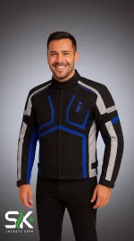 Men's Black, Grey, and Royal Blue Technical Textile Motorcycle Touring Jacket Front View | Sialkot Jackets Star