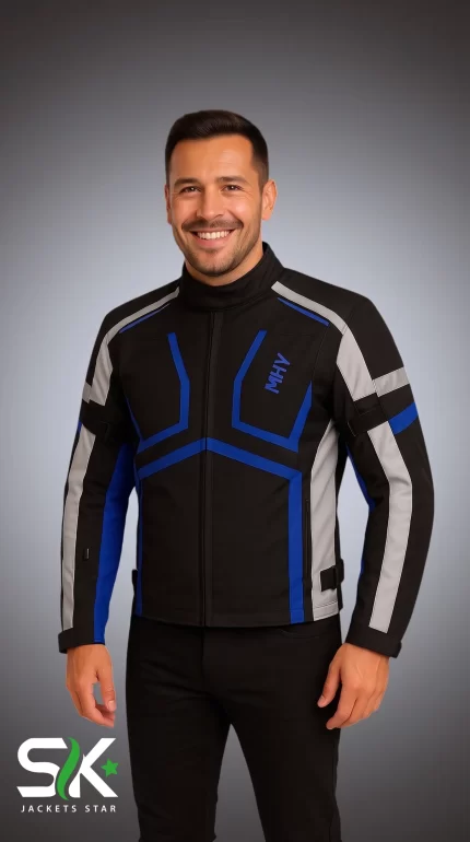 Men's Black, Grey, and Royal Blue Technical Textile Motorcycle Touring Jacket Front View | Sialkot Jackets Star