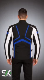 Men's Black, White, and Royal Blue Textile Motorcycle Touring Jacket Back View | Sialkot Jackets Star