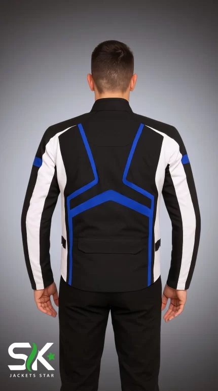 Men's Black, White, and Royal Blue Textile Motorcycle Touring Jacket Back View | Sialkot Jackets Star
