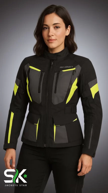 Custom Women's Hi-Vis Textile Motorcycle Touring Jacket Front View | Sialkot Jackets Star