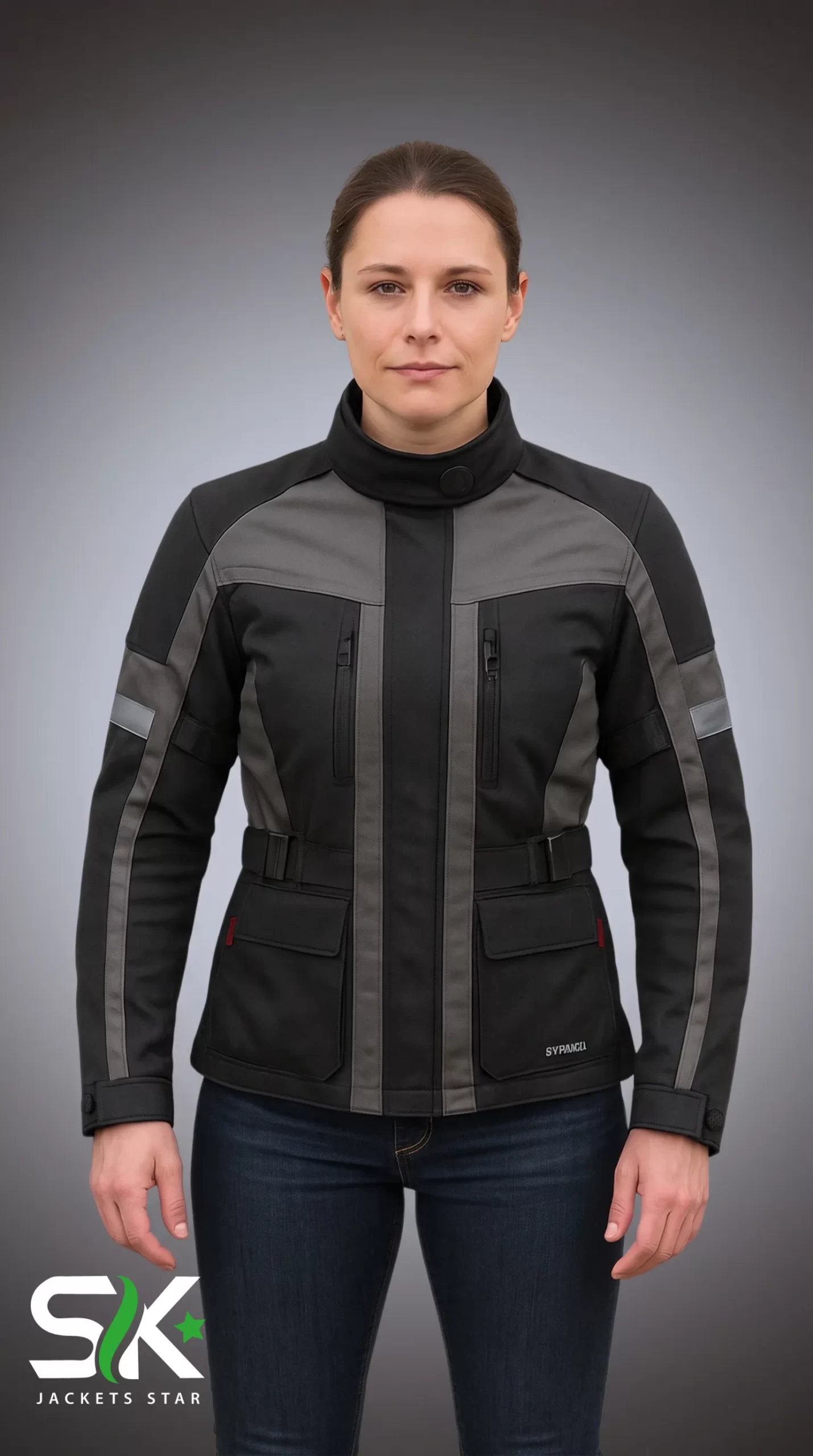 Custom Women's Textile Touring Motorcycle Jacket Front View | Factory Supplier Sialkot Jackets Star Front view of a female model wearing our manufactured grey and black textile motorcycle riding jacket with chest ventilation zippers, waist adjusters, and lower flap pockets.