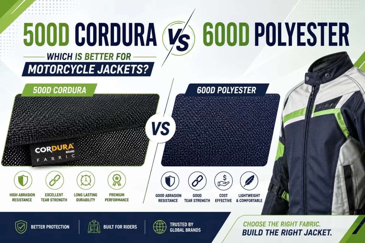 Comparative infographic by Sialkot Jackets Star analyzing 500D Cordura fabric versus 600D Polyester for motorcycle jackets, detailing differences in abrasion resistance, tear strength, and cost effectiveness.