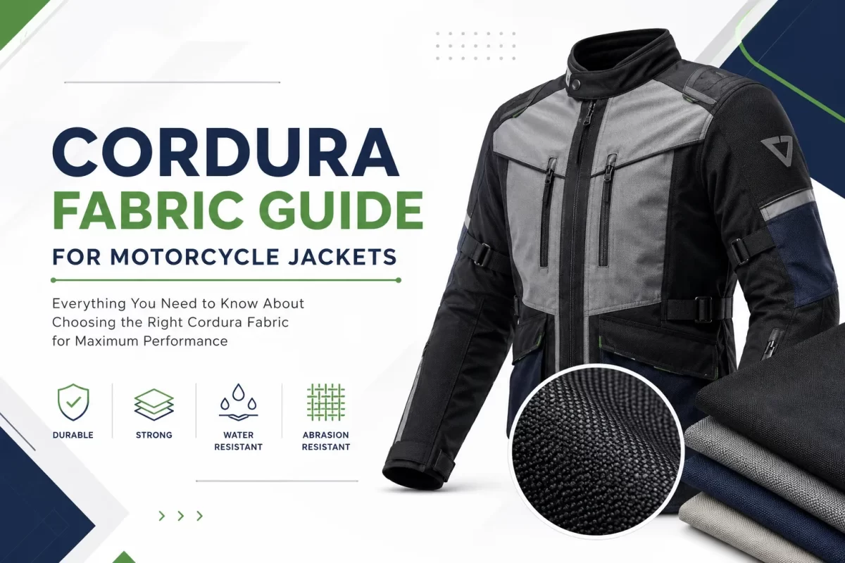Sialkot Jackets Star infographic guide to selecting Cordura fabric for motorcycle jackets, showcasing technical properties like water resistance, durability, and a close-up macro view of the textile weave.
