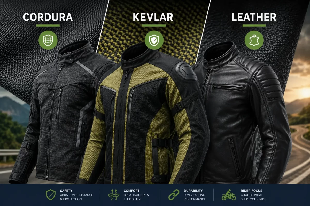 Infographic by Sialkot Jackets Star comparing Cordura, Kevlar, and premium leather motorcycle jackets side-by-side, detailing safety, abrasion resistance, and breathability for apparel brands.