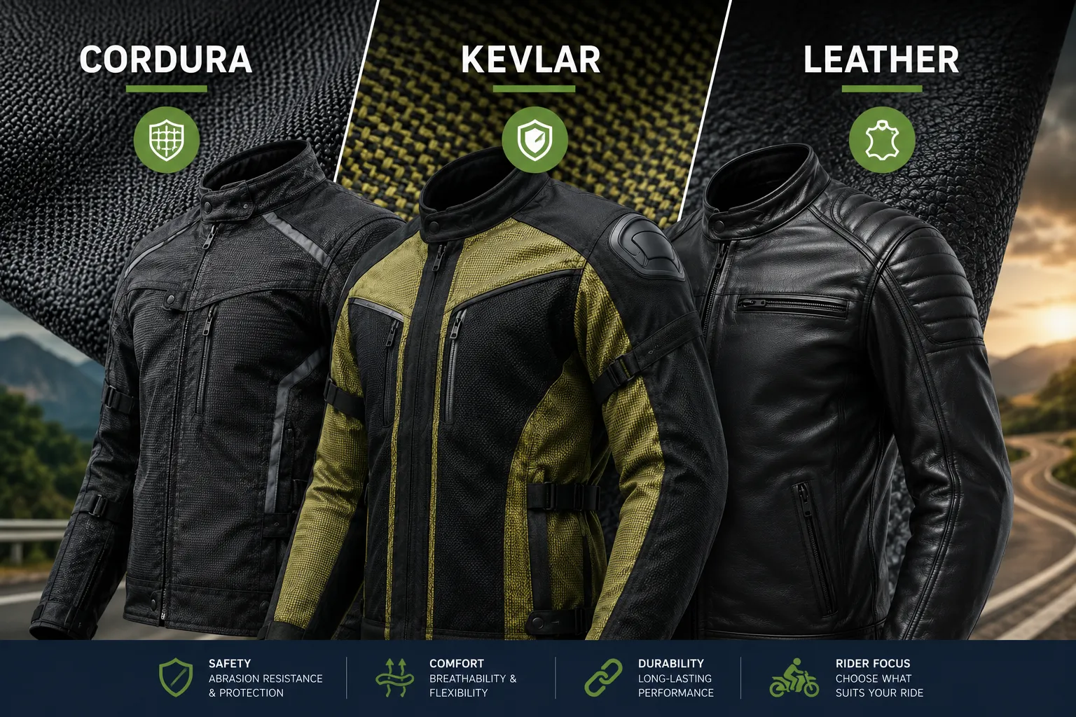 Infographic by Sialkot Jackets Star comparing Cordura, Kevlar, and premium leather motorcycle jackets side-by-side, detailing safety, abrasion resistance, and breathability for apparel brands.