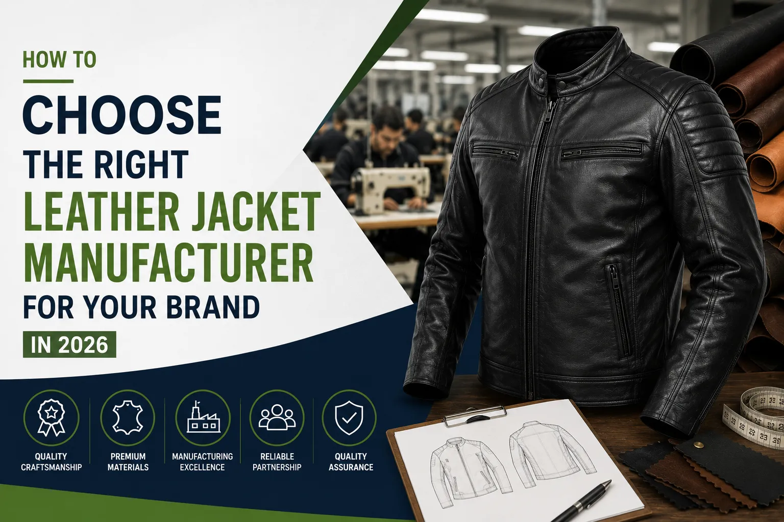Educational guide graphic by Sialkot Jackets Star showing how to choose a leather jacket manufacturer, featuring a leather jacket, factory stitching floor, and design sketches.