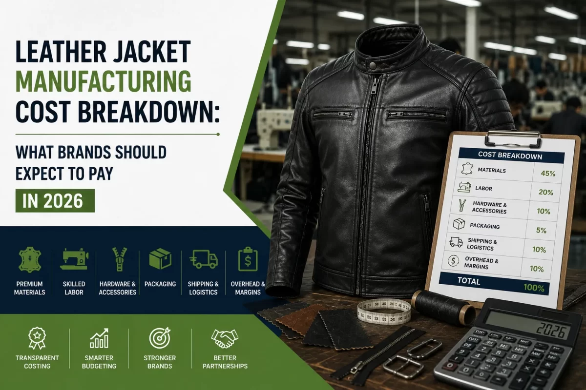 Detailed infographic from Sialkot Jackets Star showing the 2026 percentage breakdown for leather jacket manufacturing costs, including materials, labor, and hardware.