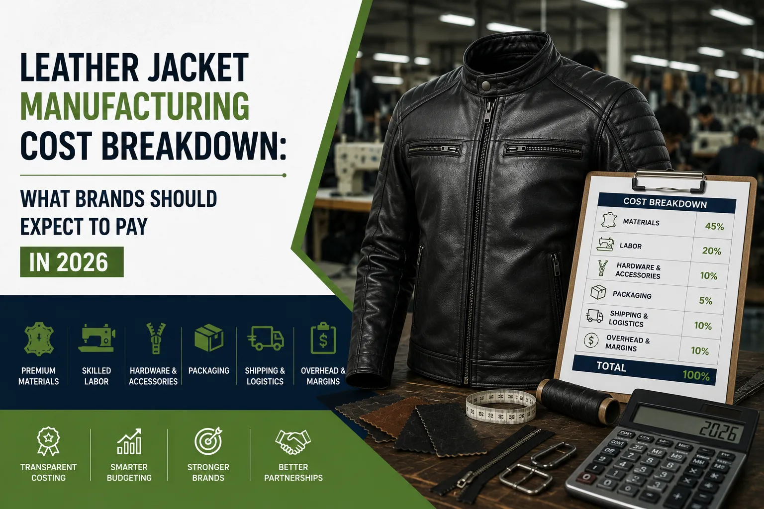 Detailed infographic from Sialkot Jackets Star showing the 2026 percentage breakdown for leather jacket manufacturing costs, including materials, labor, and hardware.