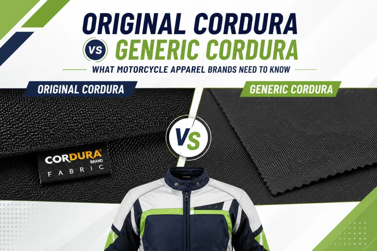 Side-by-side comparison infographic by Sialkot Jackets Star showing original branded Cordura fabric texturing versus smoother generic cordura weave for motorcycle jackets.
