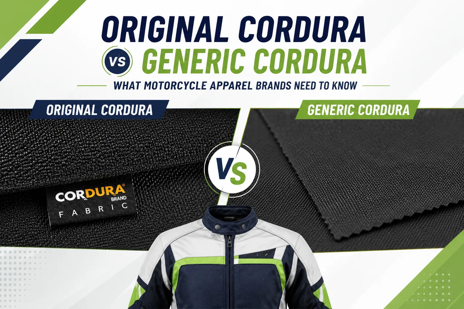 Side-by-side comparison infographic by Sialkot Jackets Star showing original branded Cordura fabric texturing versus smoother generic cordura weave for motorcycle jackets.