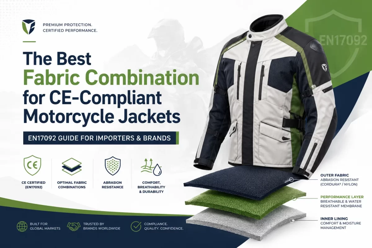 Sialkot Jackets Star infographic illustrating the best fabric combination for CE-compliant motorcycle jackets, highlighting abrasion-resistant Cordura, breathable membranes, and inner mesh lining.