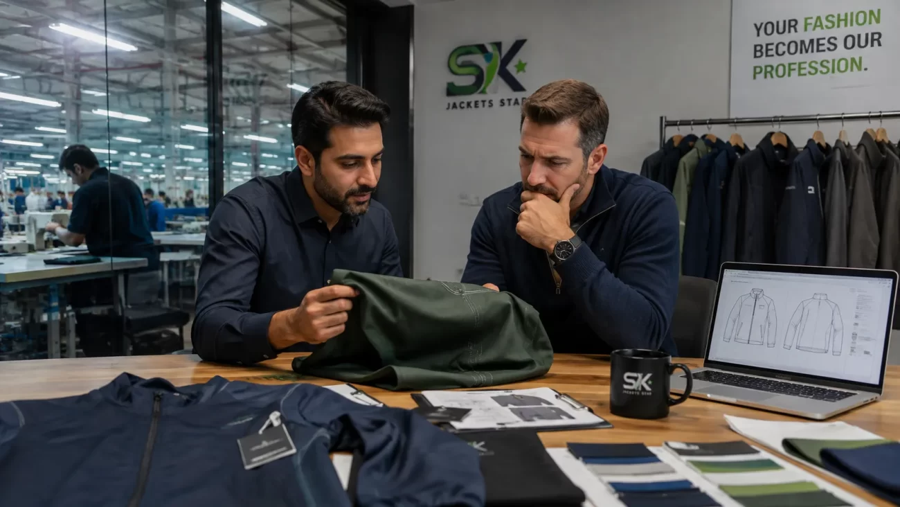 Sialkot Jackets Star manufacturing team reviewing jacket fabric, samples, and production details inside a professional garment factory.