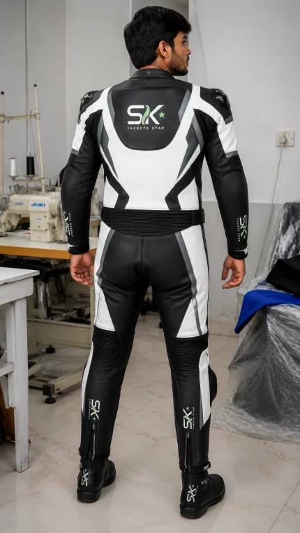 Rear view of model wearing black, white, and grey professional leather motorcycle racing suit with speed hump in Sialkot apparel manufacturing plant.