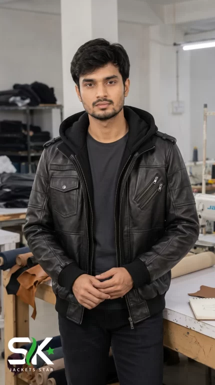 Front view of a male model wearing our manufactured black leather bomber jacket with removable hooded layer inside our apparel workshop.