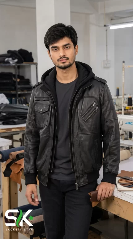 Front view of a male model wearing our manufactured black leather bomber jacket with removable hooded layer inside our apparel workshop.