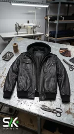 Overhead workbench shot displaying our custom manufactured black leather bomber jacket with detachable hood, twin chest flap pockets, and ribbed cuffs.