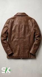 Top-down flat lay back view of our manufactured distressed brown leather safari jacket featuring a horizontal upper yoke and central vertical spine seam.