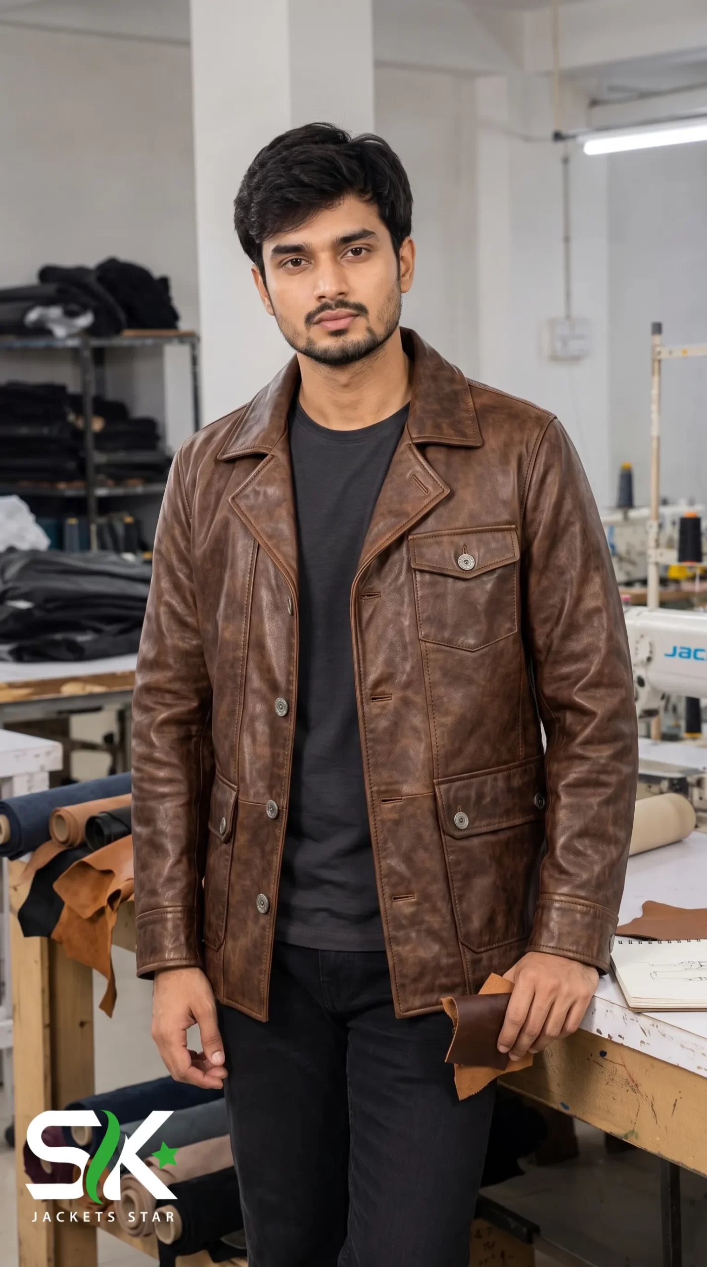 Men's Distressed Brown Leather Safari Field Jacket Front View On Model | Direct B2B Supplier Sialkot Jackets Star Front view of a male model wearing our manufactured distressed brown leather safari jacket with flap utility pockets and notched lapel inside our apparel production workshop.