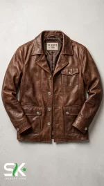 Top-down flat lay view of our custom manufactured distressed brown leather safari jacket featuring button flap pockets, lapel collar, and SK Jackets Star woven neck label.