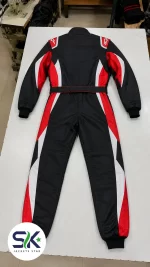 Flat lay rear view of black red and white high-abrasion Cordura go-kart suit manufactured on demand in Sialkot.