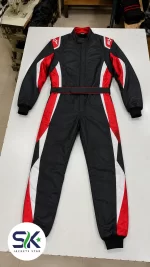 Black red and white high-abrasion Cordura go-kart racing suit flat lay display manufactured on demand in Sialkot.