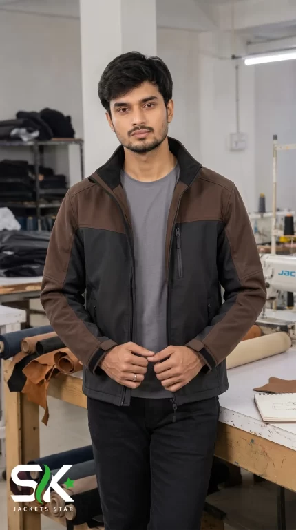 Front view of a male model wearing our custom manufactured brown and black softshell jacket inside our apparel factory.