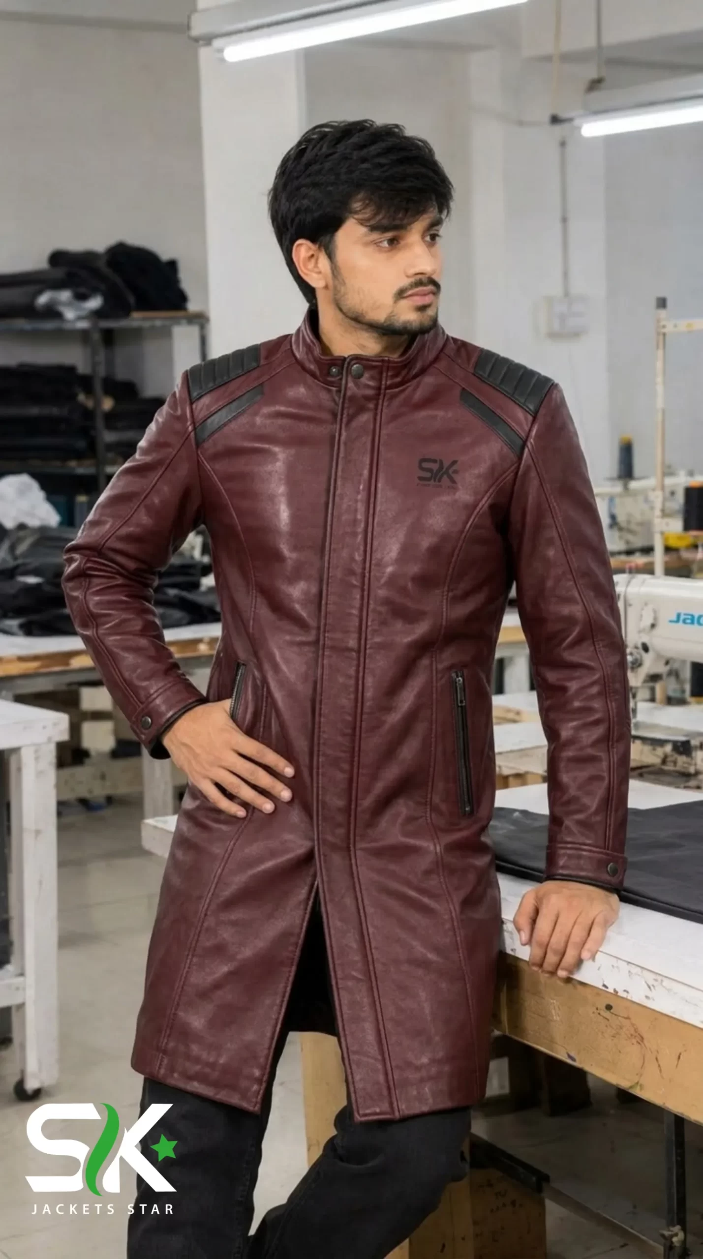 Men's Maroon Leather Long Trench Coat Front View On Model | Direct B2B Supplier Front view of a male model wearing our custom manufactured longline maroon leather trench coat with black padded shoulders and stand collar inside our workshop.