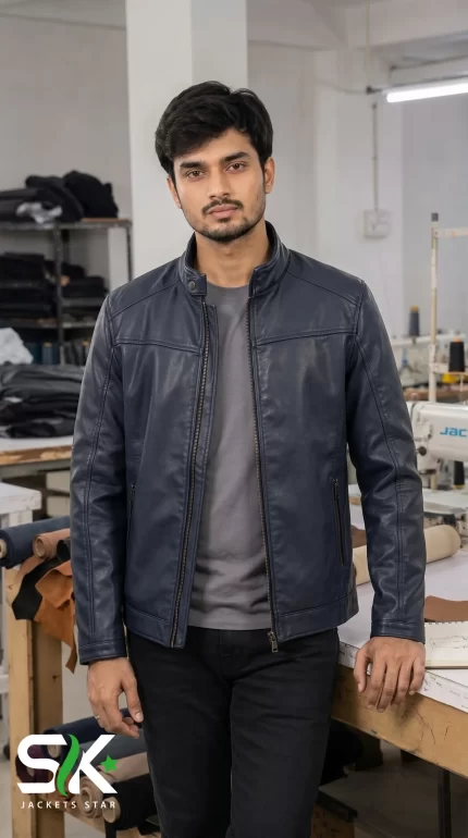 Front view of a male model wearing our custom manufactured dark navy blue leather cafe racer jacket inside our apparel workshop.