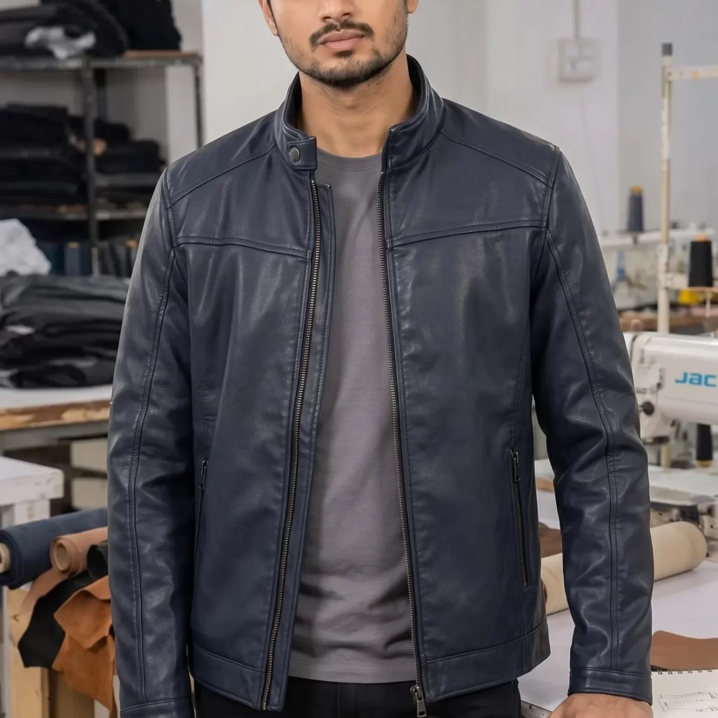 Navy Blue Cafe Racer Leather Jacket | OEM Manufacturer